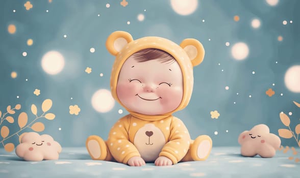 Illustration little child sitting on blurred background. Selective focus.