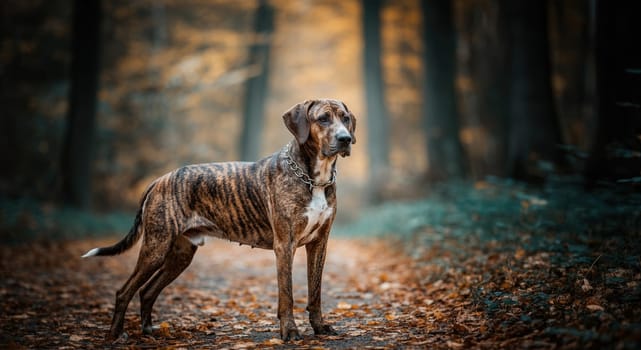 A brindle dog stands alert on a leaf-covered path in an autumnal forest. the surrounding trees have a background of orange and brown hues, providing a serene and natural setting for the canine.