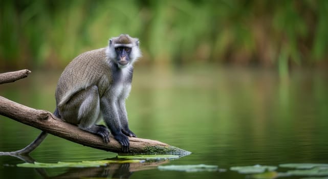A contemplative monkey, perched on a branch above a calm forest lake, surrounded by lush greenery. the natural setting exudes tranquility and harmony, the beauty of wildlife in its habitat.