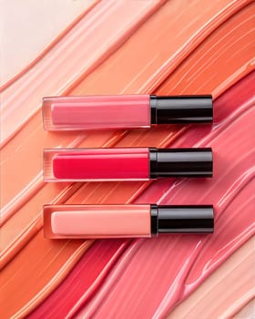 Three lip glosses on texture of lip glosses or lipsticks smears. Lipstick texture background. Cosmetic product mockup . Ai generated