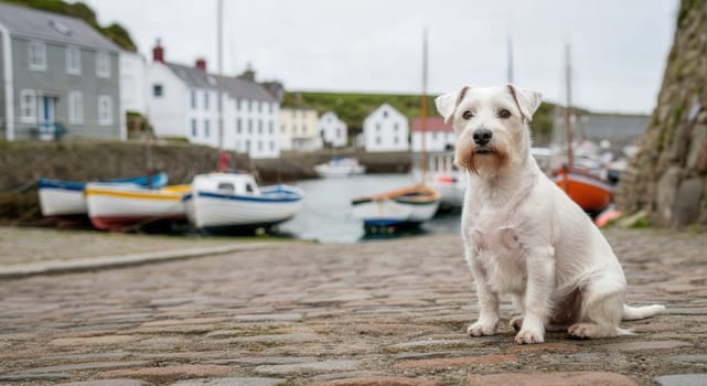 A white dog sits attentively on cobblestone streets near a picturesque harbor. colorful boats float in the background by charming village homes, evoking a serene coastal atmosphere.
