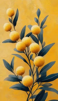A blooming branch of mimosa on a yellow textured background. Selective focus.