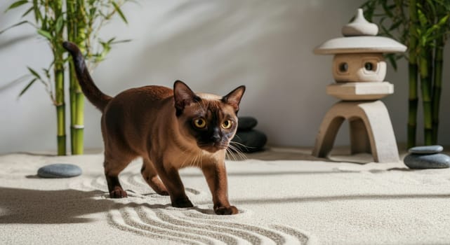 A burmese cat gracefully walks through a serene zen garden, featuring neatly raked sand, a traditional stone lantern, and lush bamboo, creating a peaceful and balanced atmosphere ideal for relaxation.