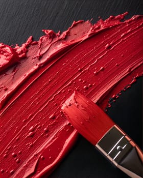 Smear and texture of red lipstick or acrylic paint with paintbrush on black background. Ai generated