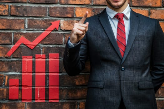 A businessman in a suit points at a bar graph, illustrating financial growth against a textured brick wall. The image symbolizes success and progress in business and finance.