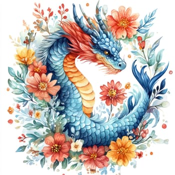 vibrant dragon surrounded by colorful flowers and foliage, showcasing intricate details and whimsical design. This artwork captures magical essence with its bright colors and enchanting composition.