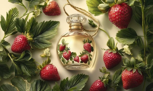 A bottle of perfume surrounded by strawberry leaves. Selective focus.
