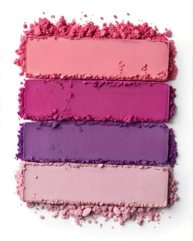 Pink and purple eye shadow matte pallet on white background. Cosmetic product textures palette. Ai generated