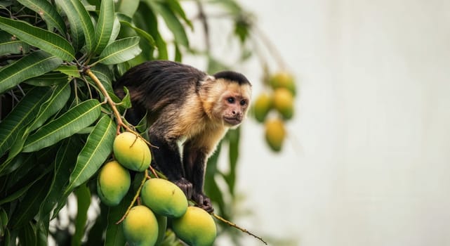 A curious capuchin monkey perches on a mango tree branch surrounded by ripe fruits and green leaves, showcasing the rich biodiversity of tropical environments and the interdependence of wildlife and nature.