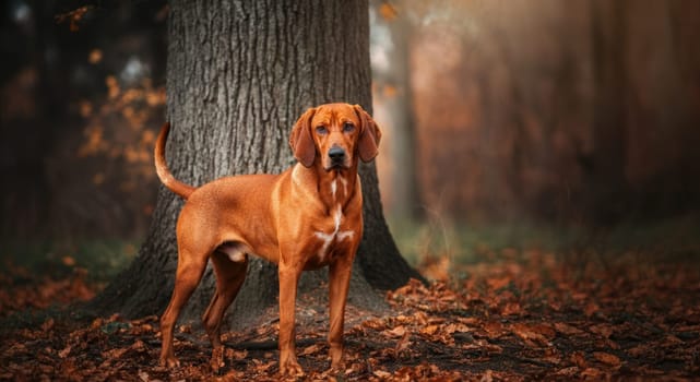 A majestic red hound stands confidently in a serene autumn forest. the dog's attentive posture and the rich browns of the fallen leaves create a harmonious blend with the towering tree trunk and diffused light.