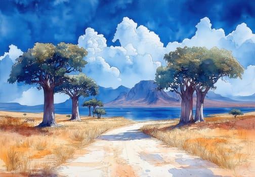 Watercolor baobabs in an arid landscape. Selective focus.