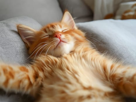 A cat is sleeping on a couch. The cat is orange and has a fluffy coat. The cat is curled up and he is very relaxed