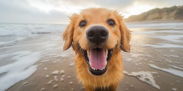 A happy dog is standing on the beach with its tongue out. The dog is smiling and he is enjoying the beach environment
