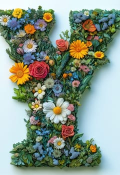 The letter Y of colorful flowers on a white background. Selective focus.