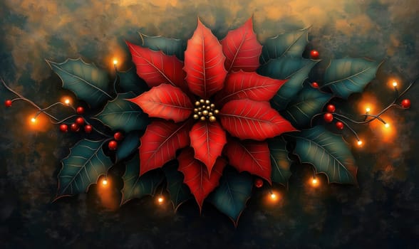 A Christmas card with delicate poinsettia. Selective focus.