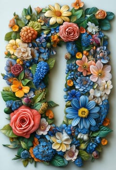 The letter O of colorful flowers on a white background. Selective focus.