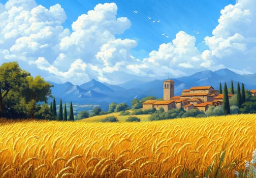 Illustration of a ripe wheat harvest in summer. Selective focus.