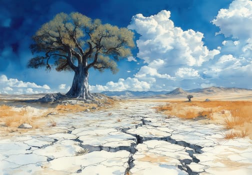 Watercolor of baobabs in a dry landscape with cracked earth. Selective focus.
