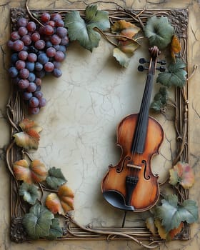 Light background with frame, violin and grapes. Selective focus.