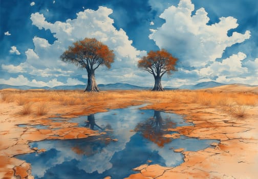 Watercolor baobabs in an arid landscape. Selective focus.