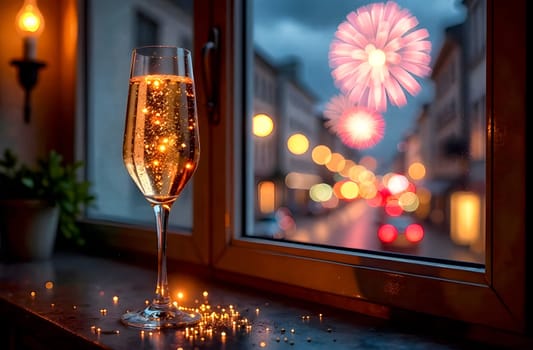 A sparkling drink is placed on a windowsill, capturing a festive atmosphere with fireworks lighting up the night sky.