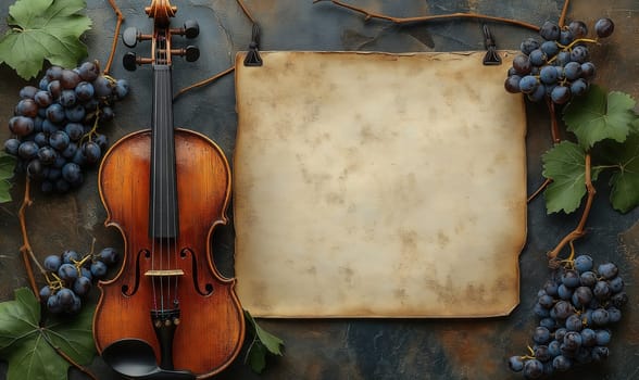 Light background with frame, violin and grapes. Selective focus.