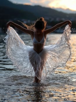 Ballerina elegance: water wave gown, graceful pose, ocean shore backdrop, fluid motion, serene beauty, dance expression, natural harmony, delicate movement, shoreline grace, mesmerizing performance
