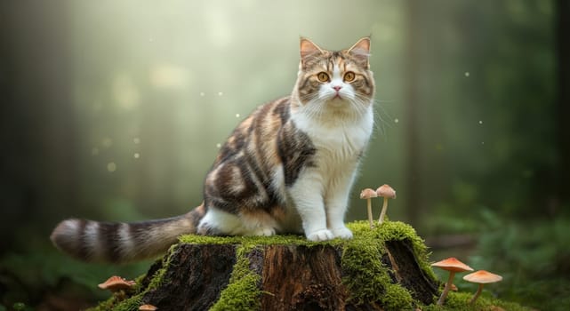 A fluffy cat with striking markings sits atop a moss-covered tree stump surrounded by mushrooms in a serene forest setting. sunlight filters through the trees, creating a magical atmosphere.