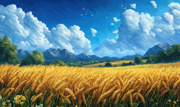 Illustration of a ripe wheat harvest in summer. Selective focus.