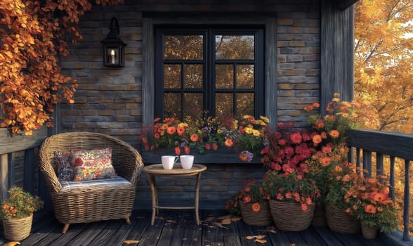 Autumn morning on the balcony with a cup of coffee in autumn. Selective focus.
