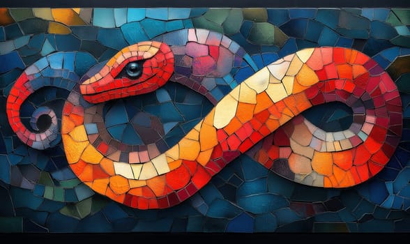 Colorful snake mosaic with intricate tile work. Selective focus.