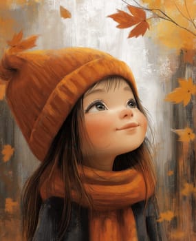 Illustration of child watching leaves fall in park. Selective focus.
