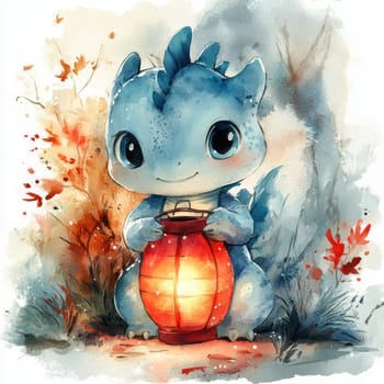 cute dragon character holding lantern in whimsical forest setting, surrounded by colorful foliage. charming watercolor style adds magical touch to scene.