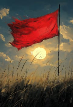 Illustration of a red flag waving in a field against the sun. Selective focus.