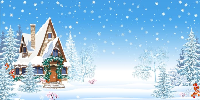 Snowy house decorated for Christmas Winter night. Winter garden, snowy estate. Snowflakes.
