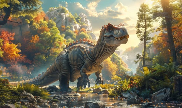 A dinosaur depicted in a forest setting in a painting. Selective focus.