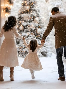 A joyful family holding hands, enjoying a snowy winter day with a decorated Christmas tree in the background. Snowflakes falling create a magical holiday atmosphere of warmth and love.