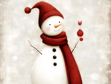Smiling A cheerful snowman wearing a red scarf and hat, with twig arms and a carrot nose, standing against a textured red background with delicate snowflakes around.