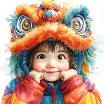 cheerful child wearing colorful, furry hat with vibrant patterns, expressing joy and curiosity. bright colors and playful design create whimsical atmosphere.