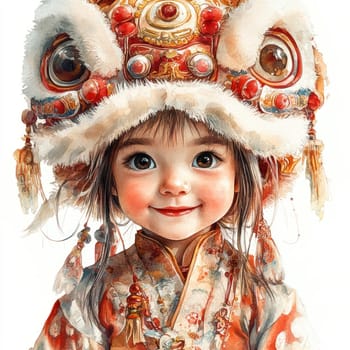 Excited child wearing traditional ornate hat and colorful outfit, showcasing joy and cultural heritage.