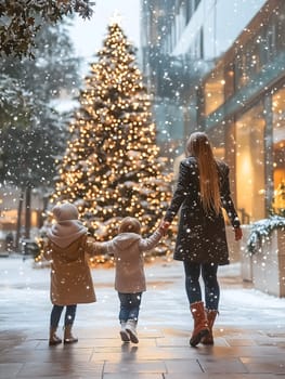 A joyful family holding hands, enjoying a snowy winter day with a decorated Christmas tree in the background. Snowflakes falling create a magical holiday atmosphere of warmth and love.