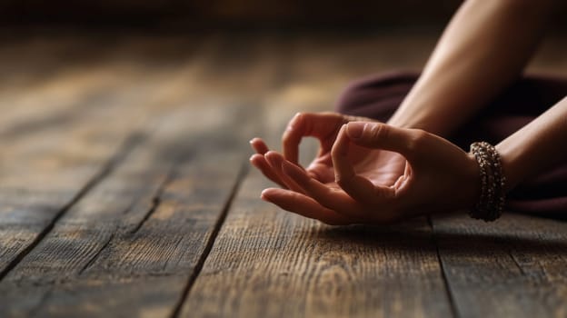 Close-Up Of Hands In Mudra Position On A Wooden Backdrop
