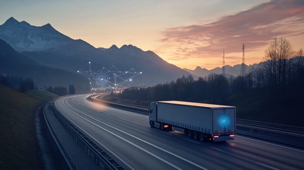 White semi trailer truck speeds along a countryside road at sunset, showcasing the future of transportation and logistics with network connectivity