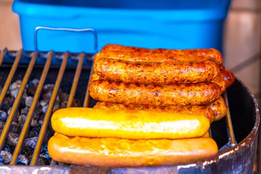 Grilled sausages on the barbecue in Playa del Carmen Quintana Roo Mexico.