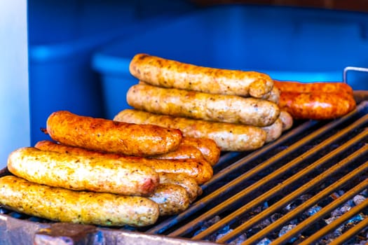 Grilled sausages on the barbecue in Playa del Carmen Quintana Roo Mexico.