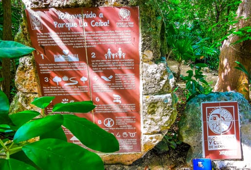 La Ceiba parque park of the ceiba tree signs and information in Playa del Carmen Quintana Roo Mexico.