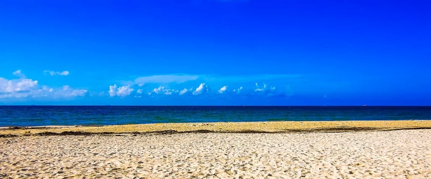 Amazing tropical mexican caribbean beach and sea landscape panorama with clear turquoise blue water waves and white sand in Playa del Carmen Mexico.