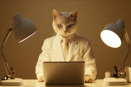 This captivating image showcases a humanoid cat dressed in an elegant white suit, seated at a desk with a laptop, radiating confidence in a serene office environment.