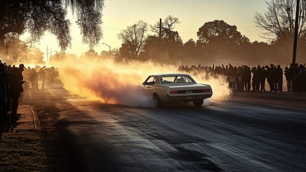 Powerful sports cars race through city streets at sunset, leaving a trail of smoke, thrilling spectators with high speed action
