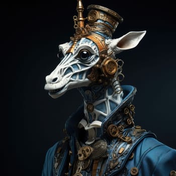 A striking figure depicts a giraffe in a steampunk style, showcasing elaborate gearwork and a stylish outfit. The vibrant colors and detailed craftsmanship evoke a fantastical atmosphere.